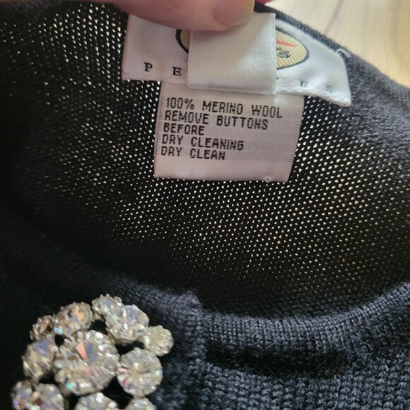Talbots Petites Black Cardigan 100% Merino Wool W/Rhinestone Buttons Womens M - Picture 4 of 7